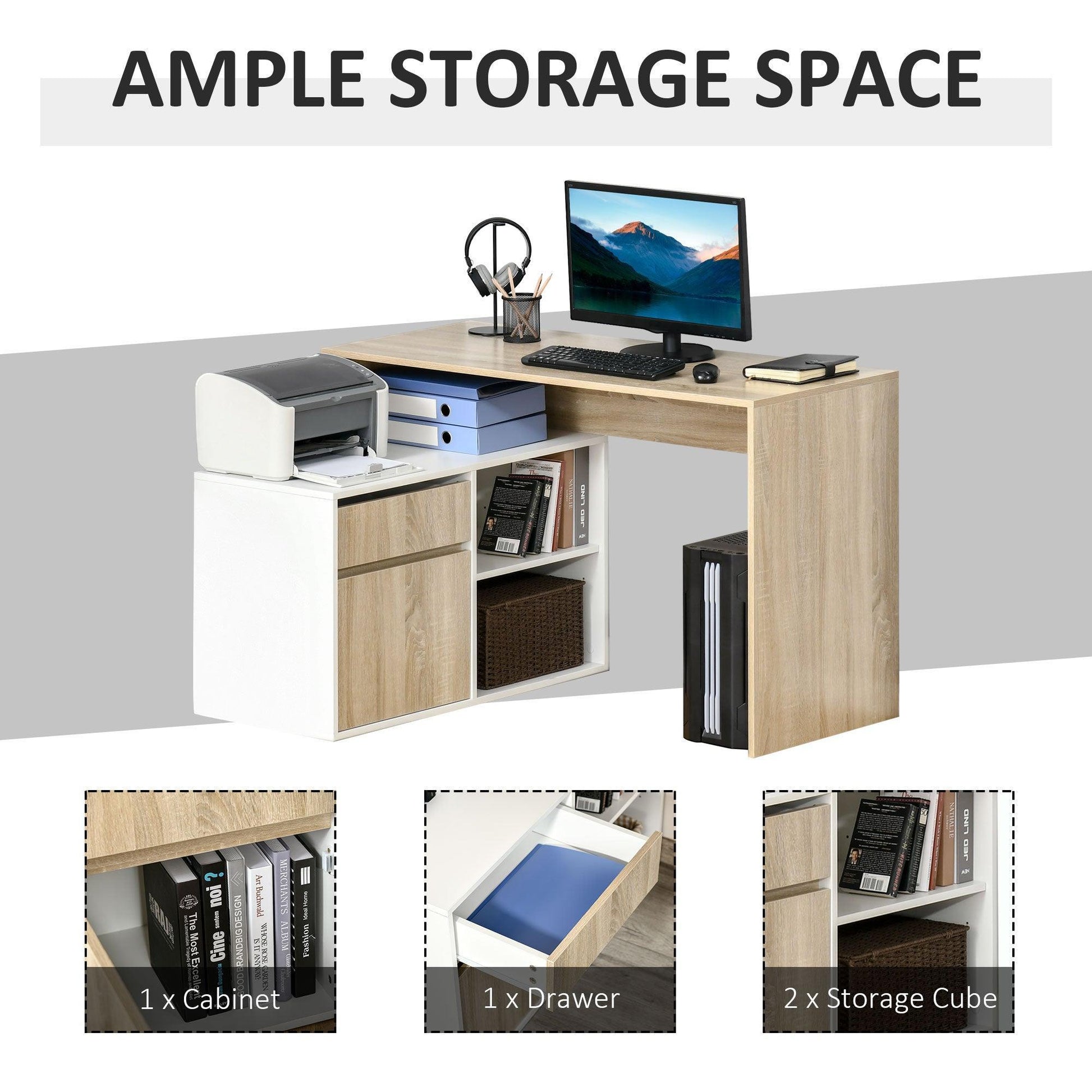 HOMCOM L-Shaped Oak and White Desk with Storage - Compact - ALL4U RETAILER LTD