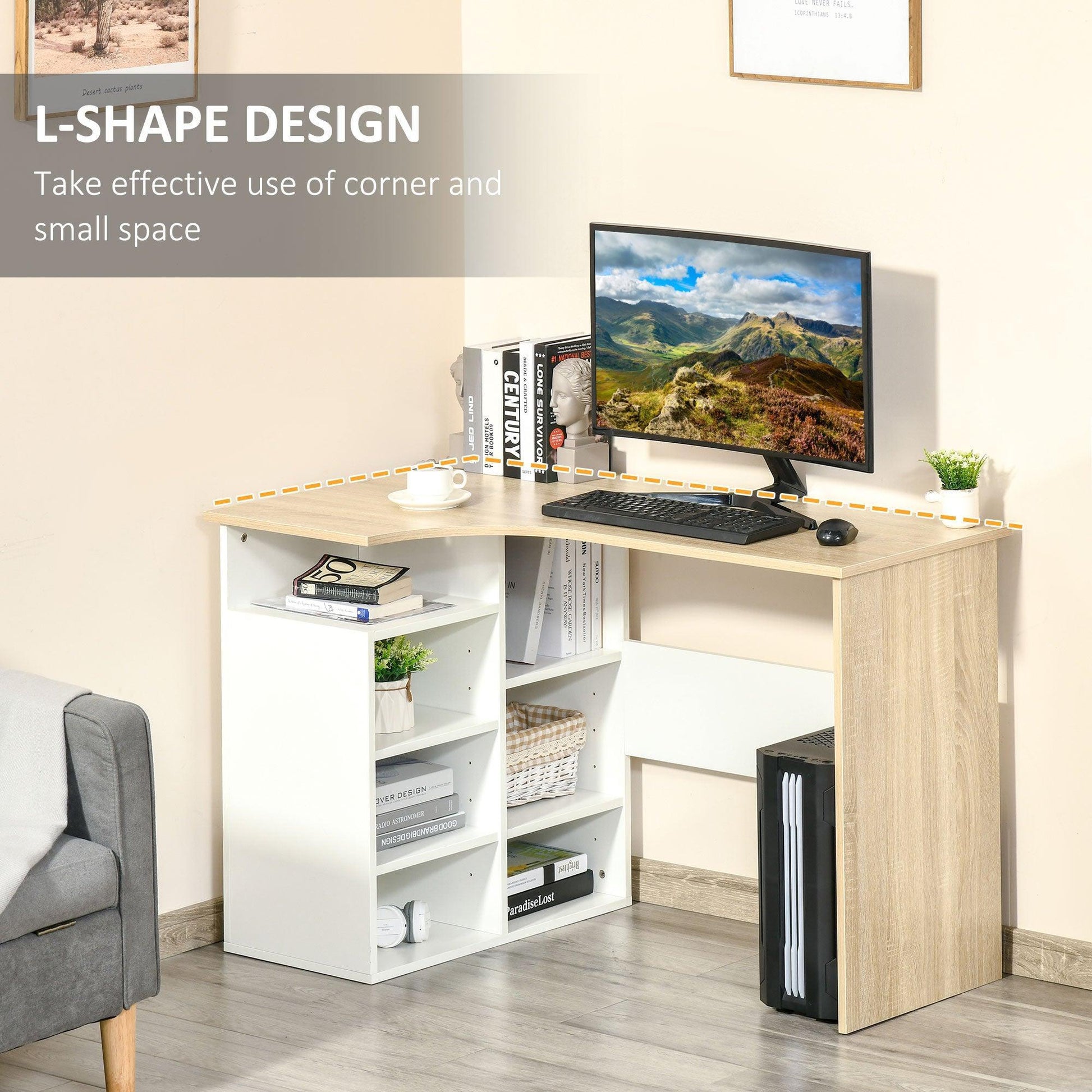 HOMCOM L-Shaped Office Corner Desk with Storage Shelf - ALL4U RETAILER LTD