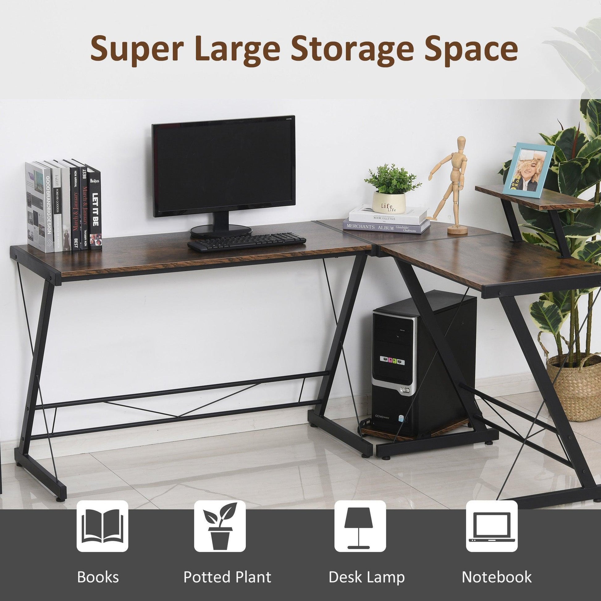 HOMCOM L-Shaped Office Desk with Storage Shelf - ALL4U RETAILER LTD