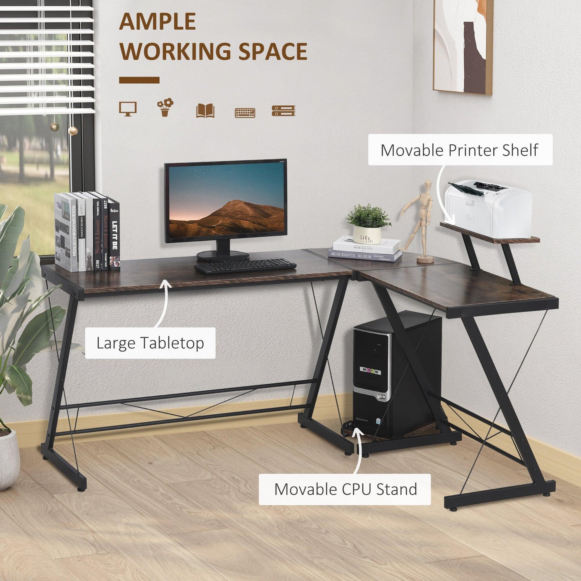 HOMCOM L-Shaped Office Desk with Storage Shelf - ALL4U RETAILER LTD