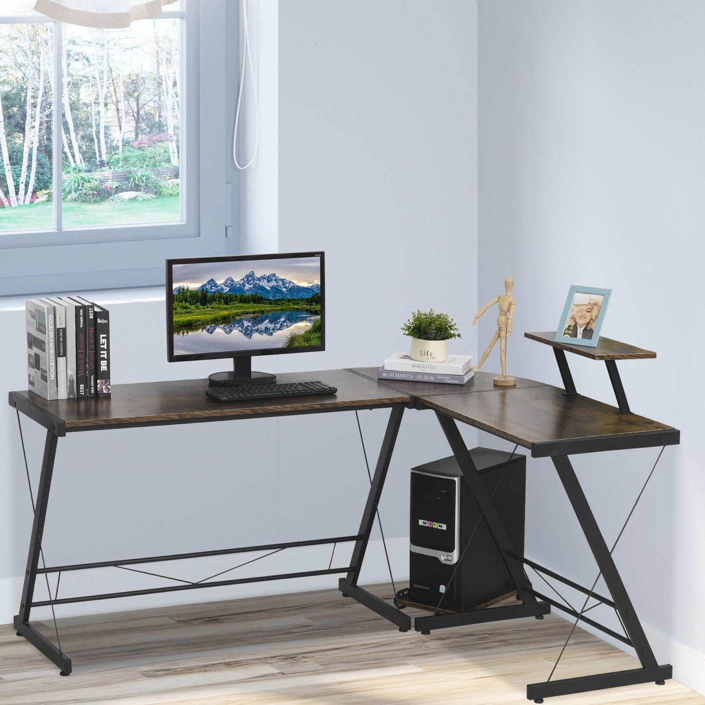 HOMCOM L-Shaped Office Desk with Storage Shelf - ALL4U RETAILER LTD