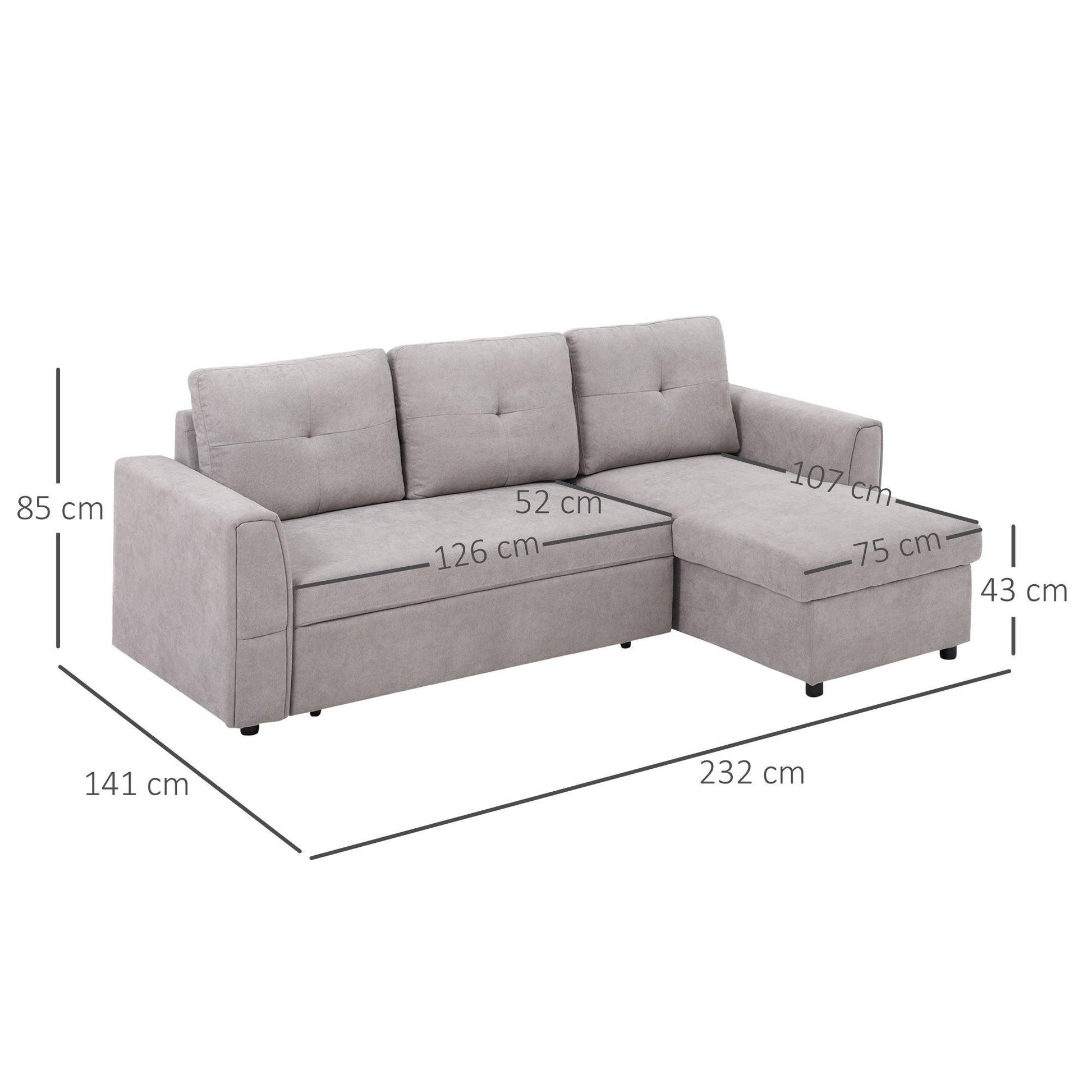 HOMCOM Linen-Look L-Shaped Sofa Bed with Storage - Grey - ALL4U RETAILER LTD