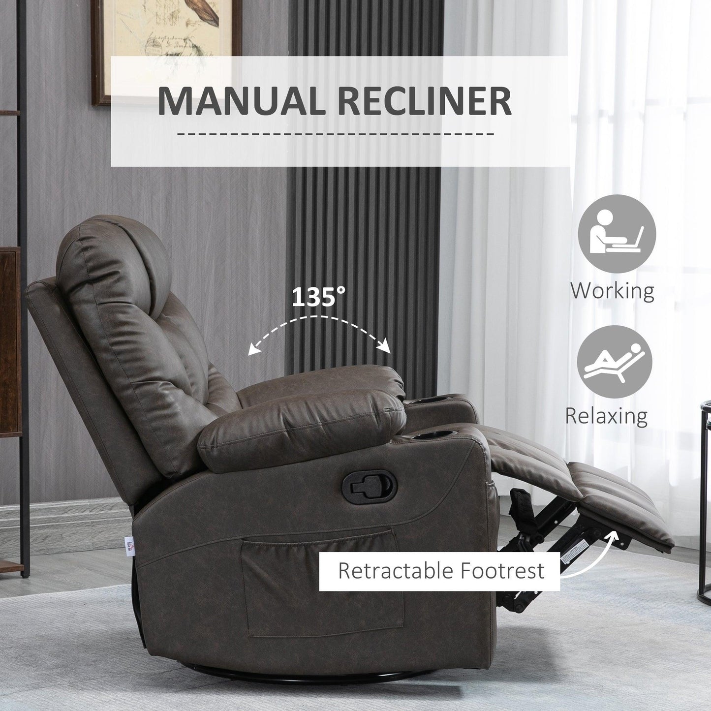 HOMCOM Manual Recliner Chair with Footrest - Brown - ALL4U RETAILER LTD