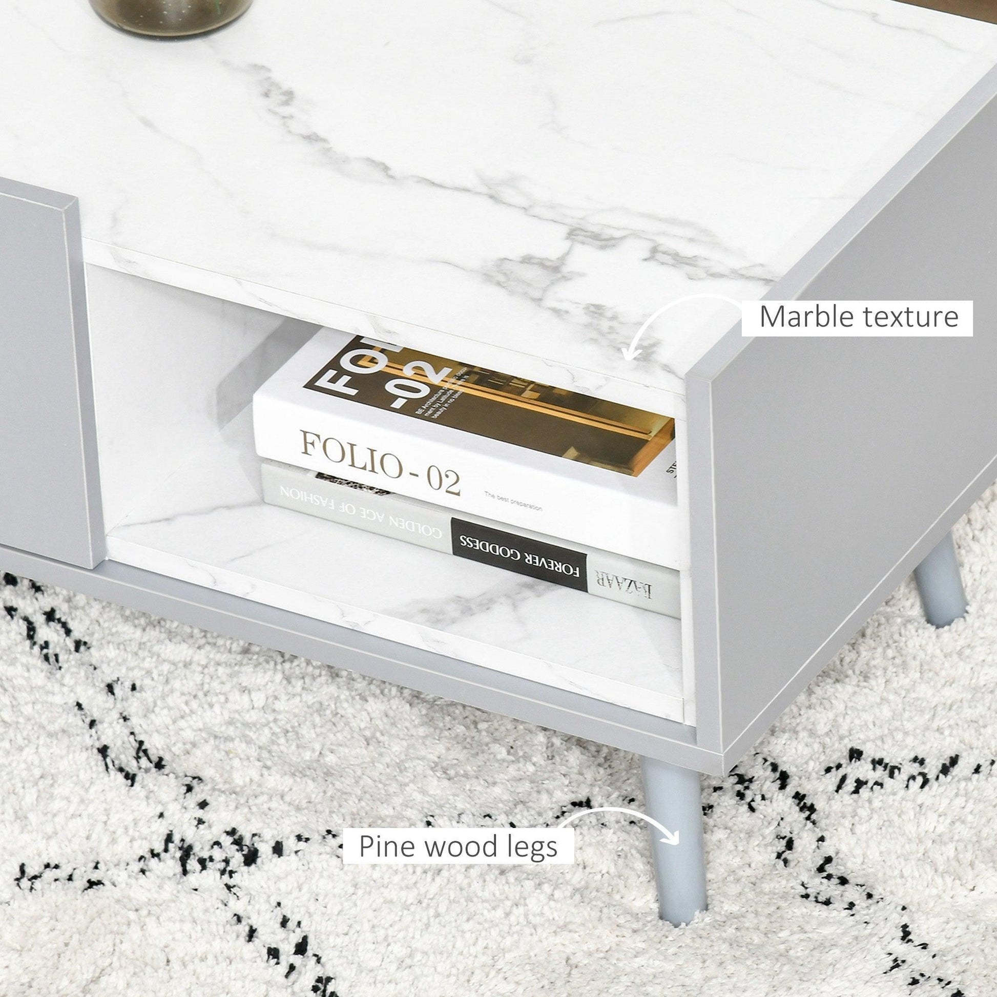 HOMCOM Marble Coffee Table | Storage Side Furniture | Grey-White - ALL4U RETAILER LTD