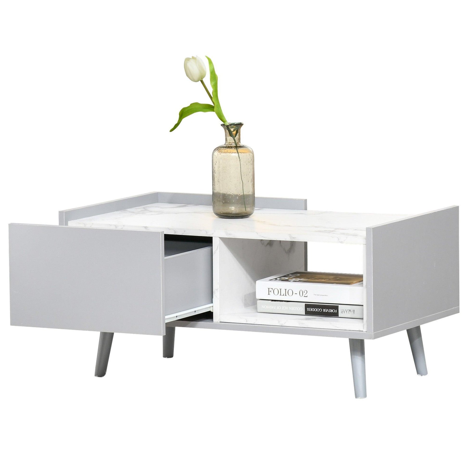 HOMCOM Marble Coffee Table | Storage Side Furniture | Grey-White - ALL4U RETAILER LTD