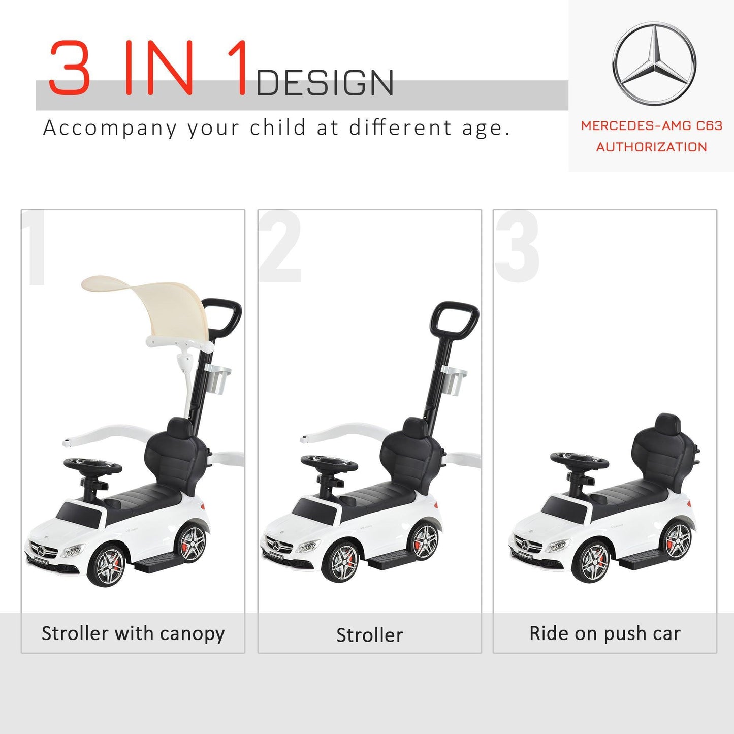 HOMCOM Mercedes Benz Toddler Car: 3-in-1 Ride, Push, Walk - ALL4U RETAILER LTD