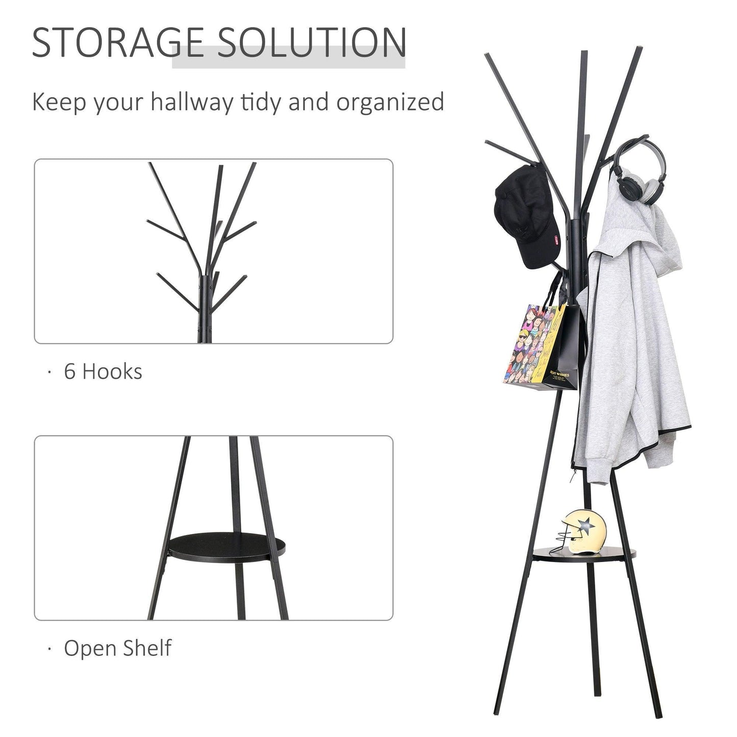 HOMCOM Metal Coat Rack Stand with 9 Hooks - Black - ALL4U RETAILER LTD