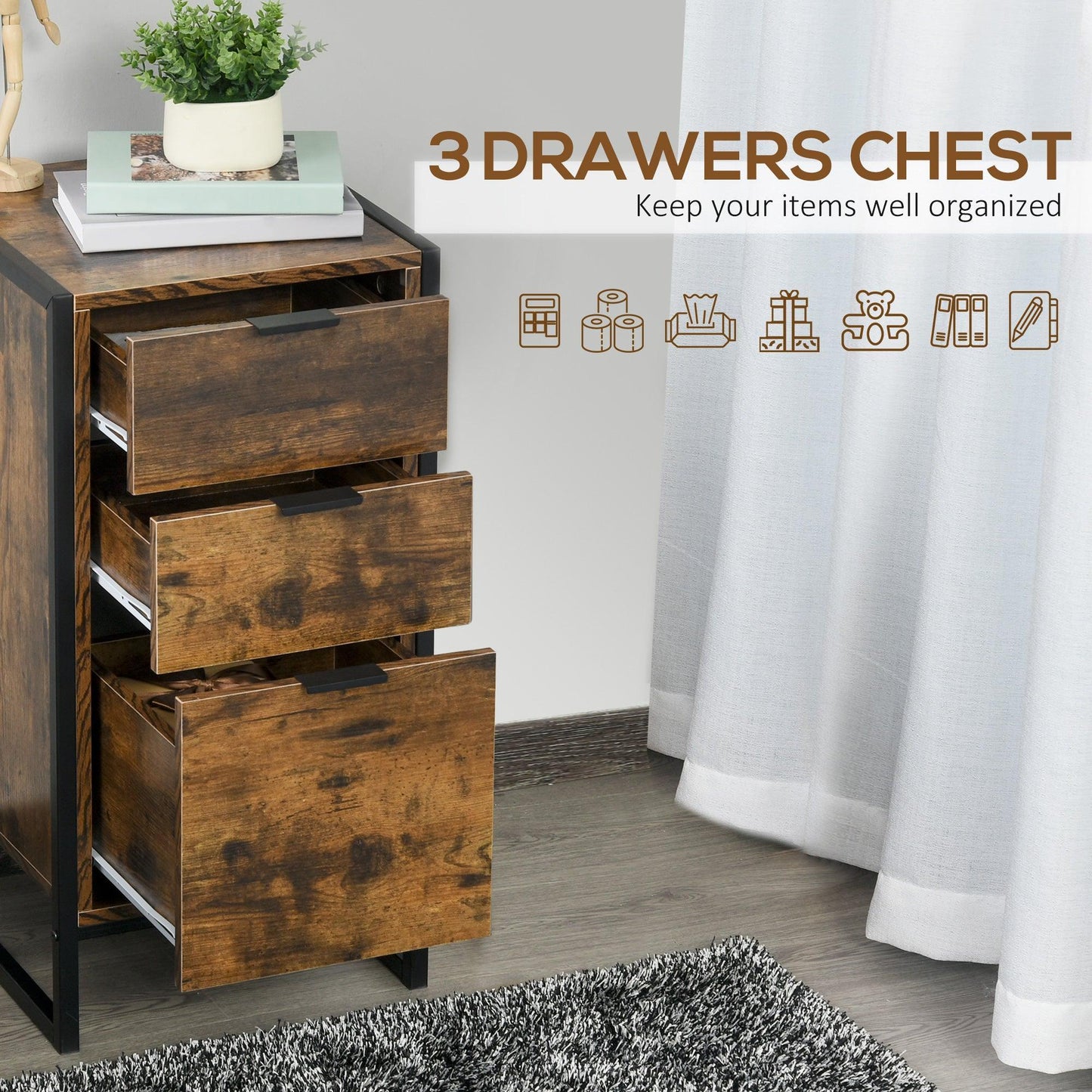 HOMCOM Metal Frame 3-Drawer Storage Chest - Brown - ALL4U RETAILER LTD