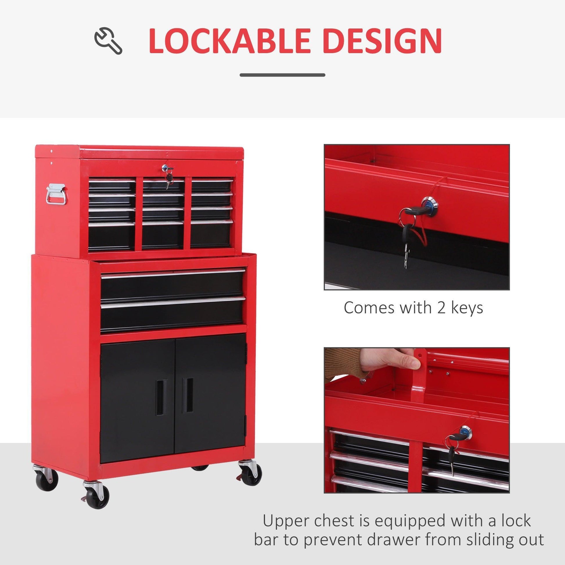 HOMCOM Metal Tool Cabinet on Wheels with 6 Drawers - Red - ALL4U RETAILER LTD