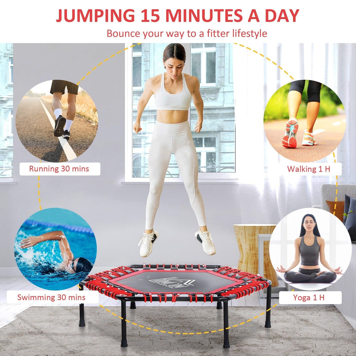 HOMCOM Mini Hexagon Trampoline, Steel Frame, 40", Red - ALL4U RETAILER LTD