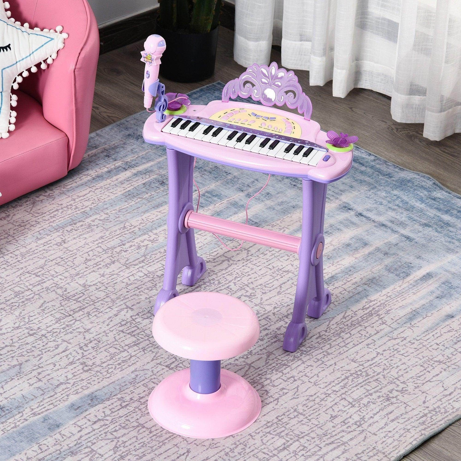 HOMCOM Mini Piano Set with Mic & Stool - Purple/Pink - ALL4U RETAILER LTD