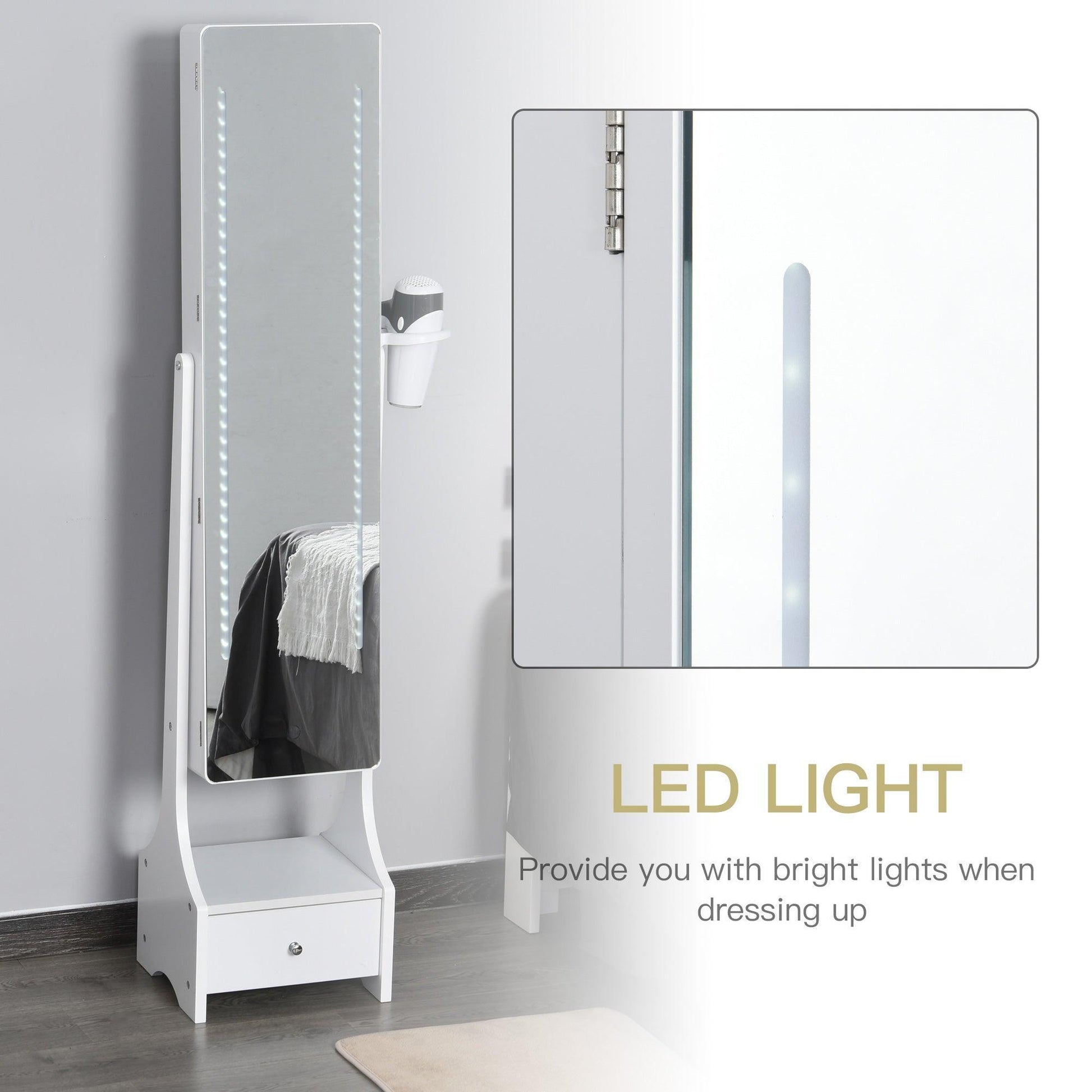 HOMCOM Mirror Armoire: LED Lights, Hooks, Drawer, White - ALL4U RETAILER LTD