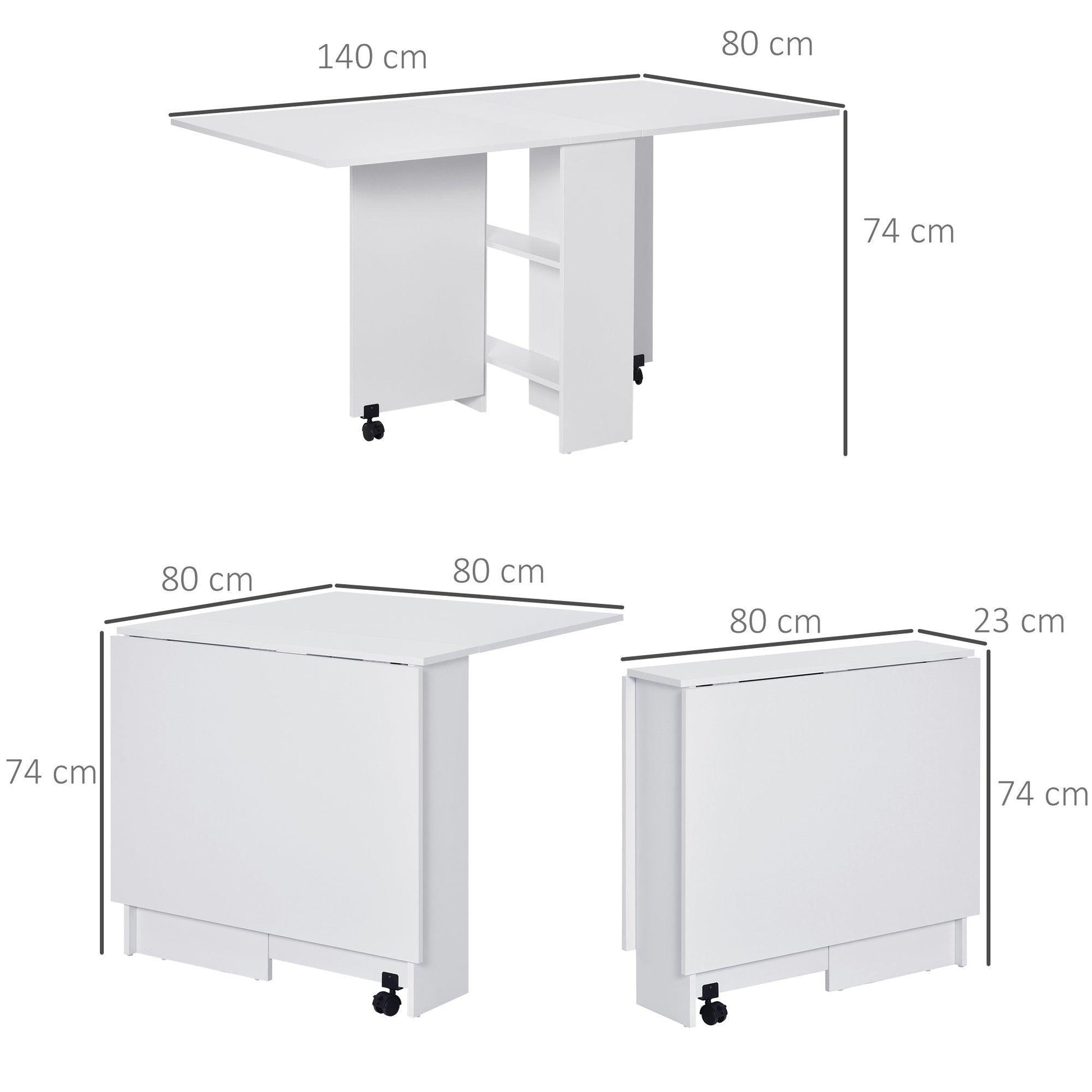 HOMCOM Mobile Folding Kitchen Table with Wheels & Shelves - White - ALL4U RETAILER LTD