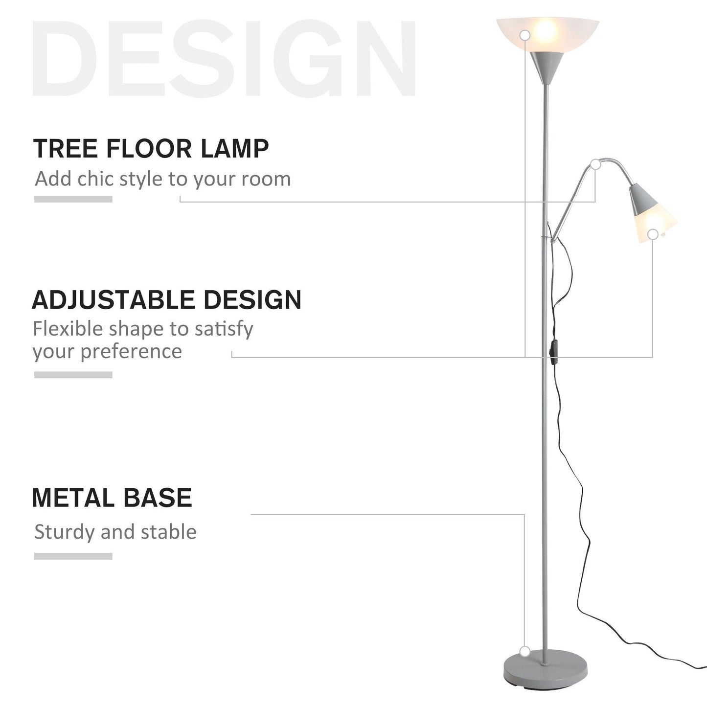 HOMCOM Modern Adjustable Floor Lamp - Dual Heads, Steel Base, 179.5cm - ALL4U RETAILER LTD