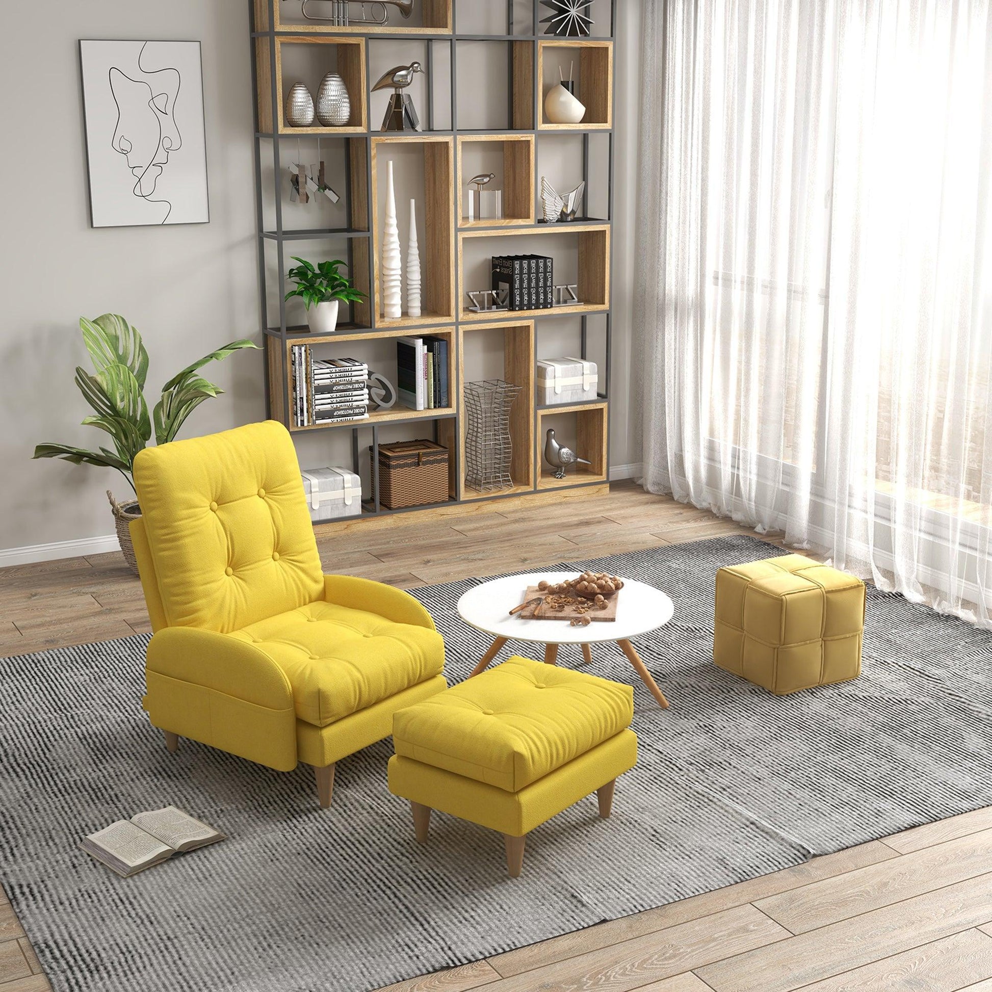 HOMCOM Modern Armchair & Footstool Set - Yellow - ALL4U RETAILER LTD