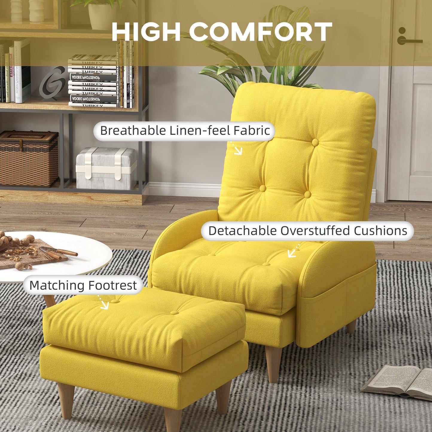 HOMCOM Modern Armchair & Footstool Set - Yellow - ALL4U RETAILER LTD