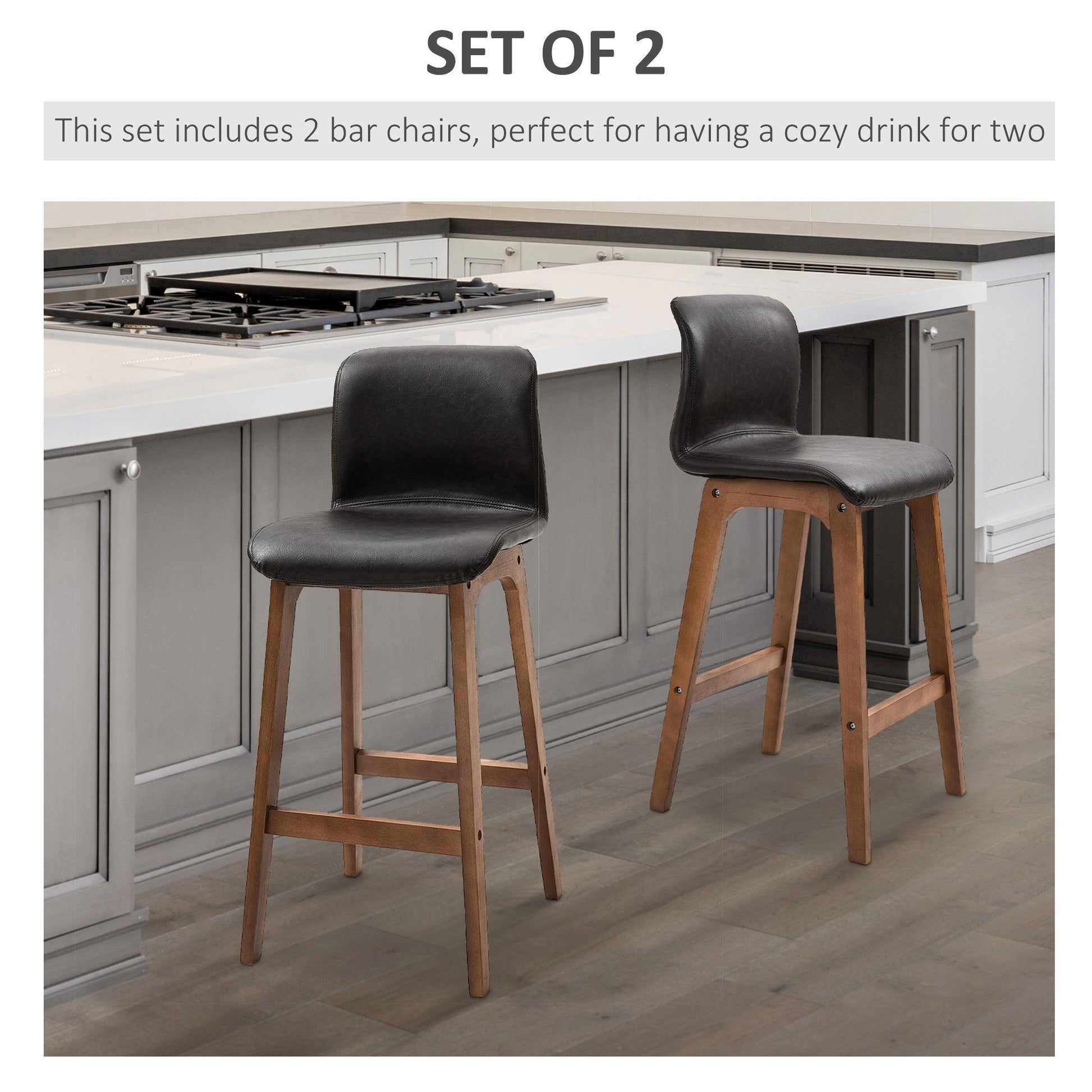 HOMCOM Modern Bar Stools Set of 2 - Sleek PU Leather, Wooden Frame - ALL4U RETAILER LTD