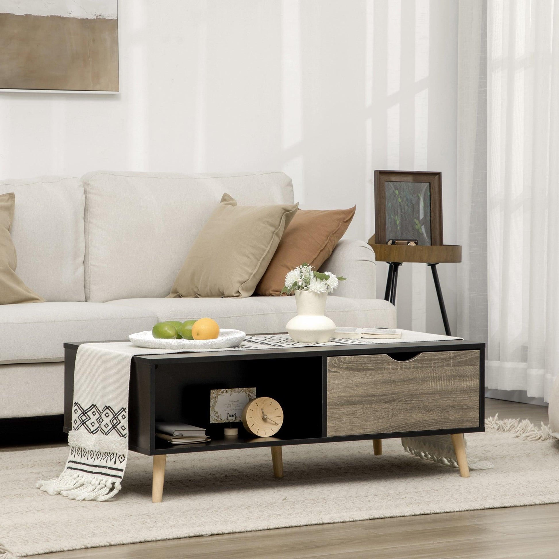 HOMCOM Modern Black Coffee Table with Storage Drawers and Wood Legs - ALL4U RETAILER LTD