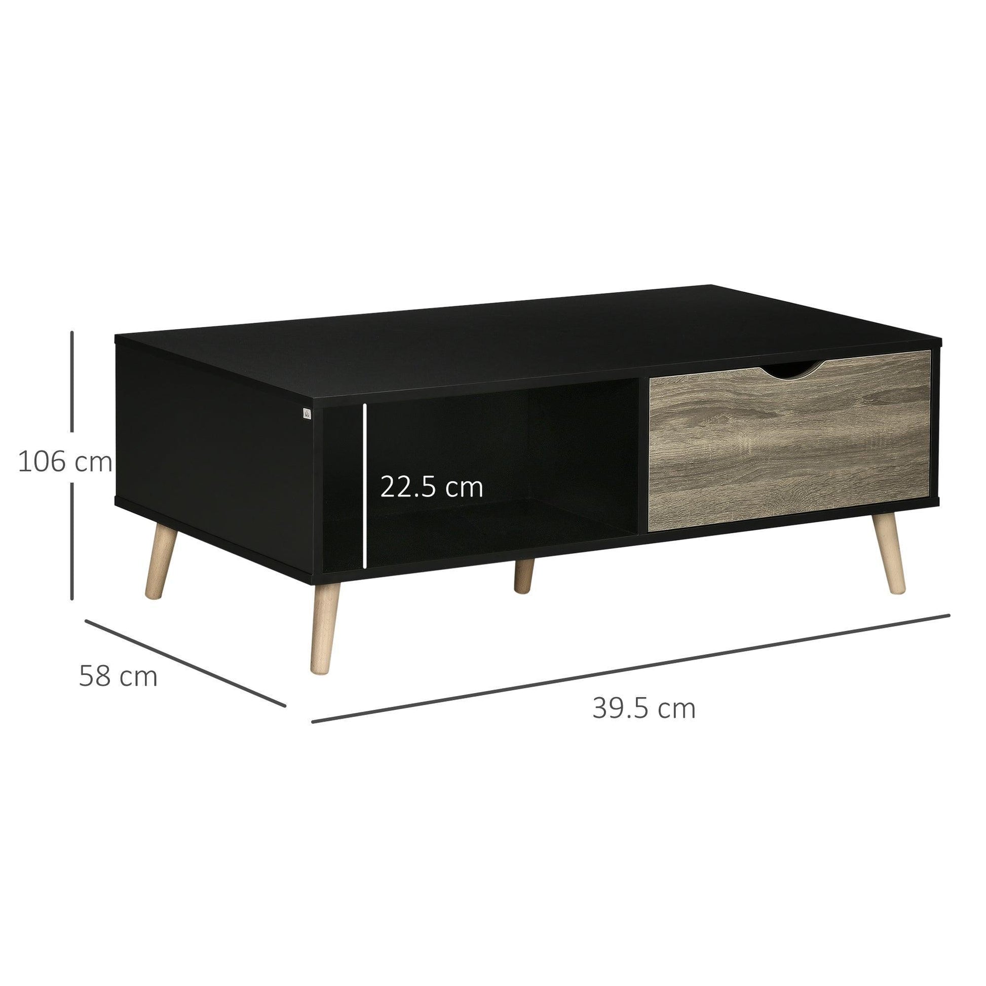 HOMCOM Modern Black Coffee Table with Storage Drawers and Wood Legs - ALL4U RETAILER LTD