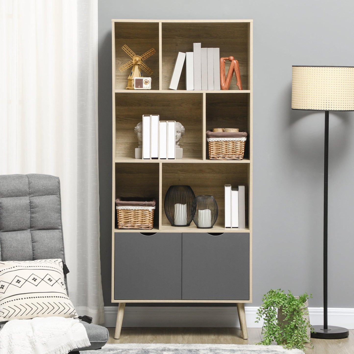 HOMCOM Modern Bookcase with Bottom Cabinet, 6 Shelves - Grey - ALL4U RETAILER LTD