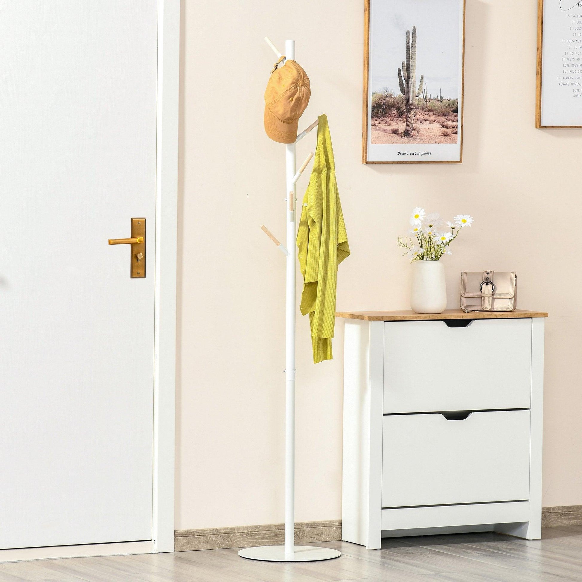 HOMCOM Modern Coat Stand with 6 Hooks - White - ALL4U RETAILER LTD