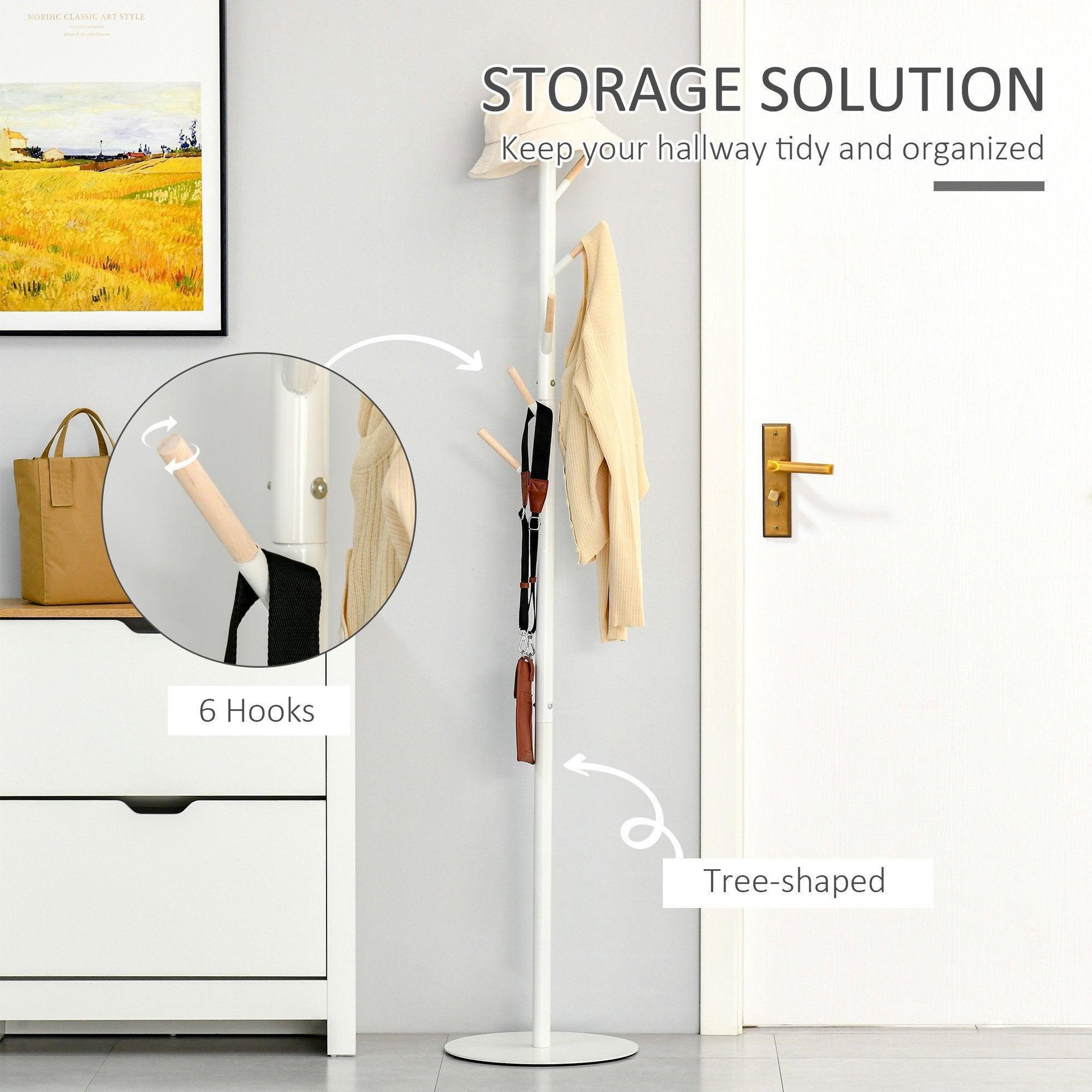 HOMCOM Modern Coat Stand with 6 Hooks - White - ALL4U RETAILER LTD