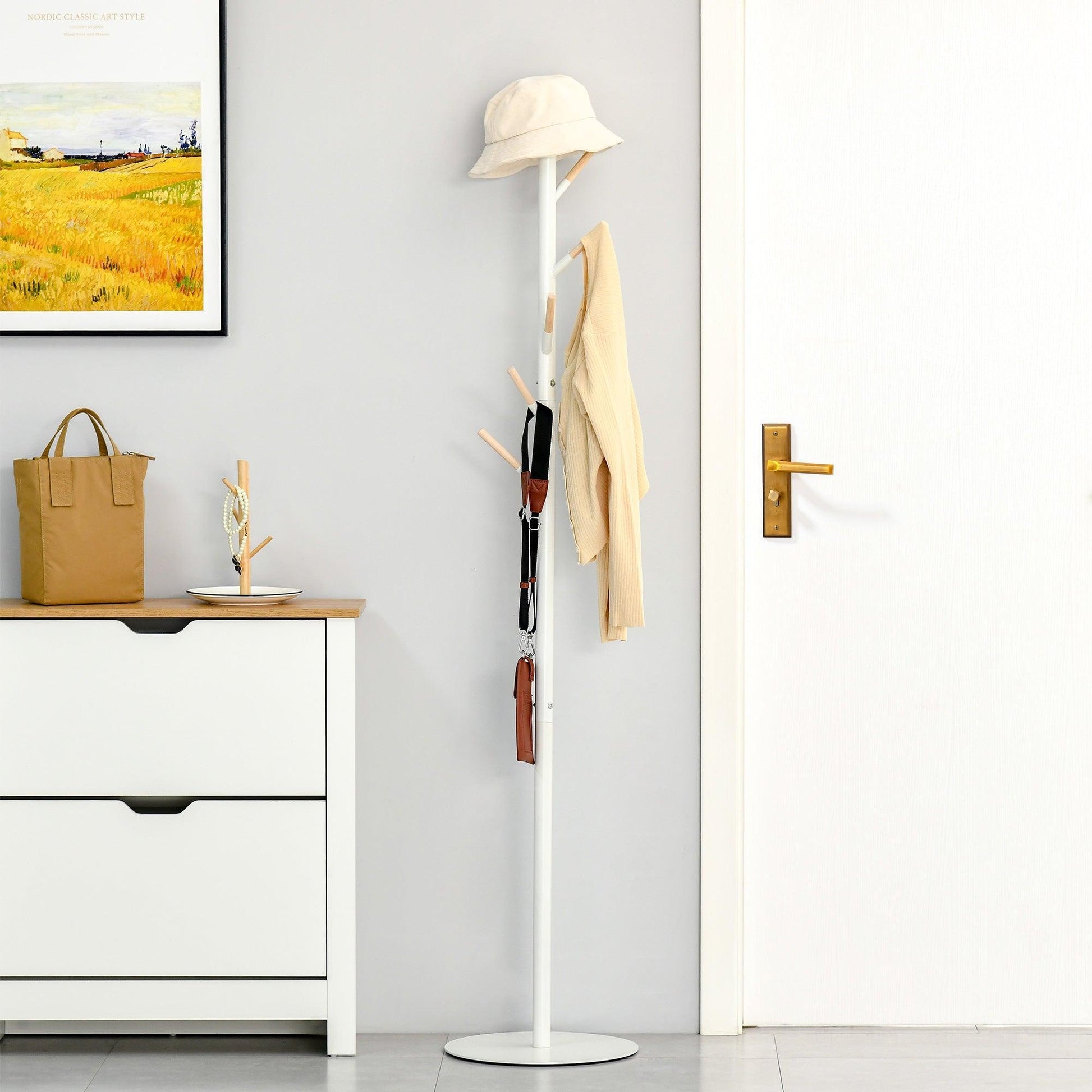 HOMCOM Modern Coat Stand with 6 Hooks - White - ALL4U RETAILER LTD