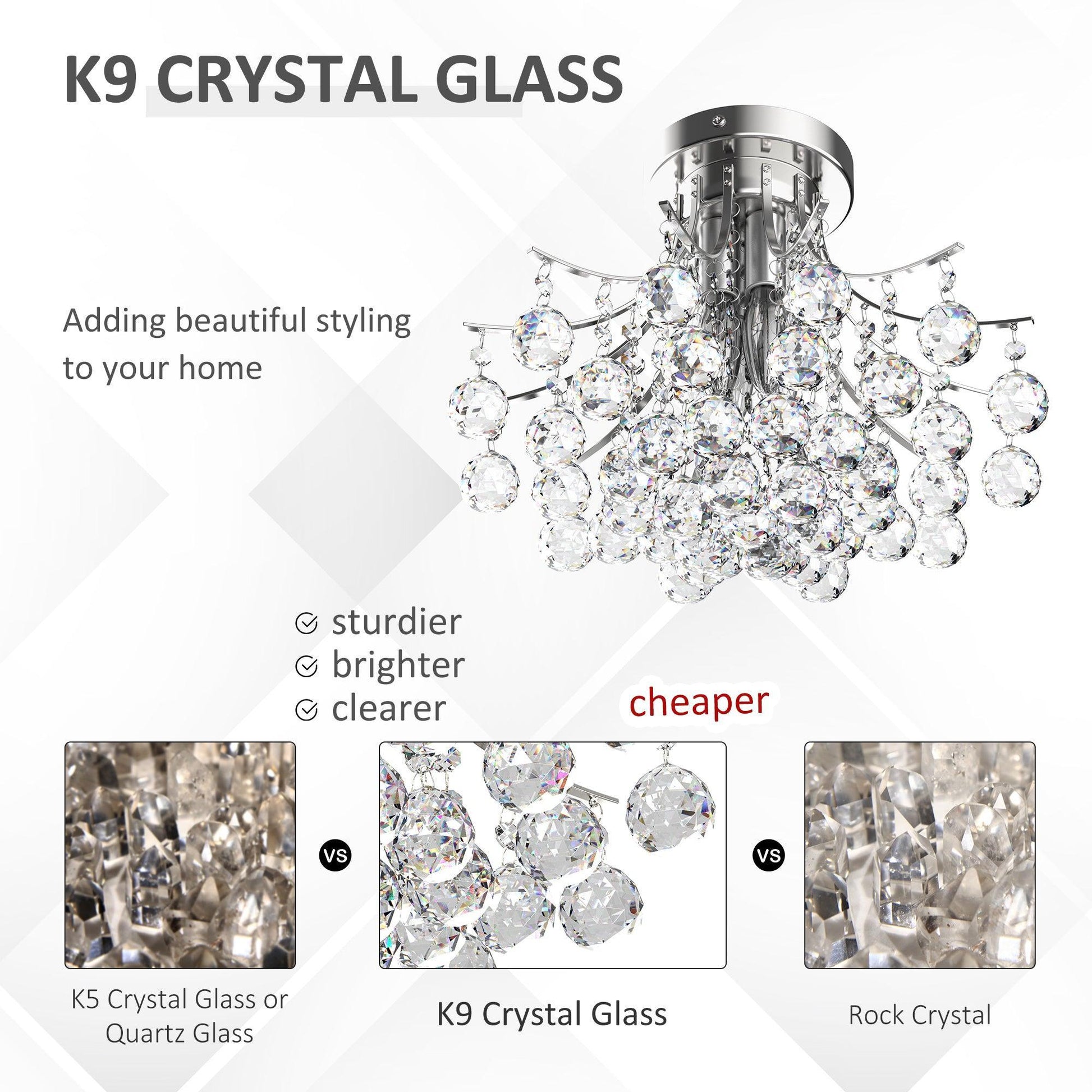 HOMCOM Modern Crystal Chandelier with 3 Lights - ALL4U RETAILER LTD