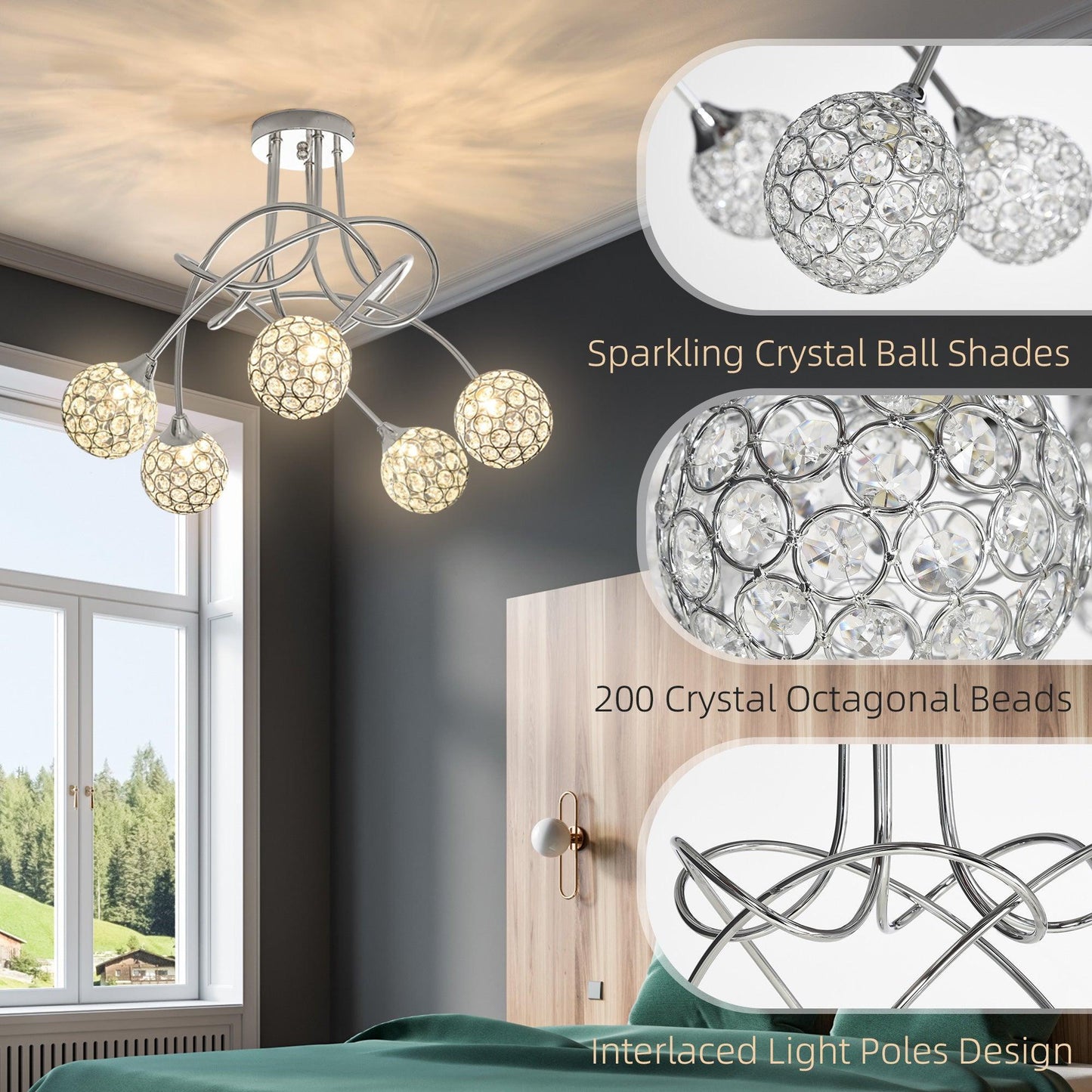 HOMCOM Modern Crystal Chandelier with 5 Lampshades - Silver - ALL4U RETAILER LTD