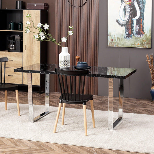 HOMCOM Modern Dining Table for 6-8 People with Marble Effect Top - ALL4U RETAILER LTD