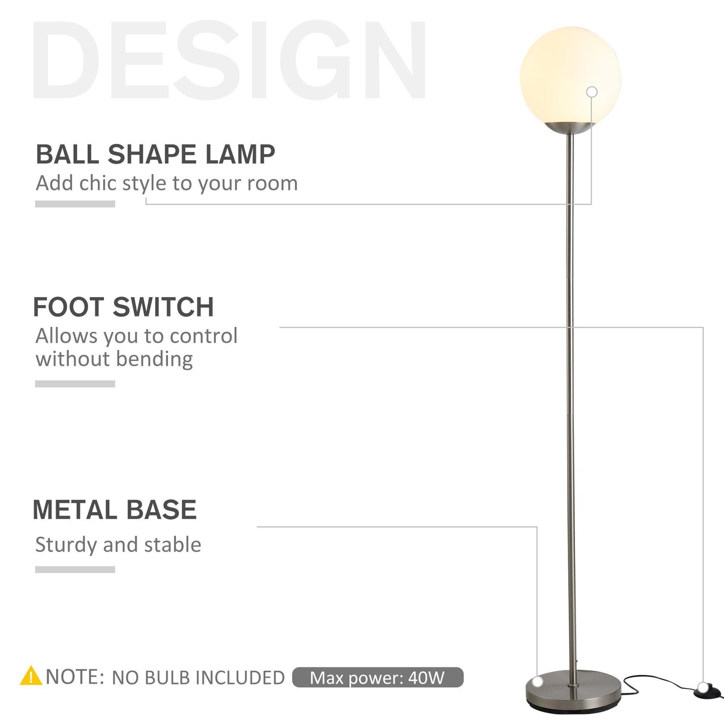 HOMCOM Modern Glass Globe Floor Lamp - ALL4U RETAILER LTD