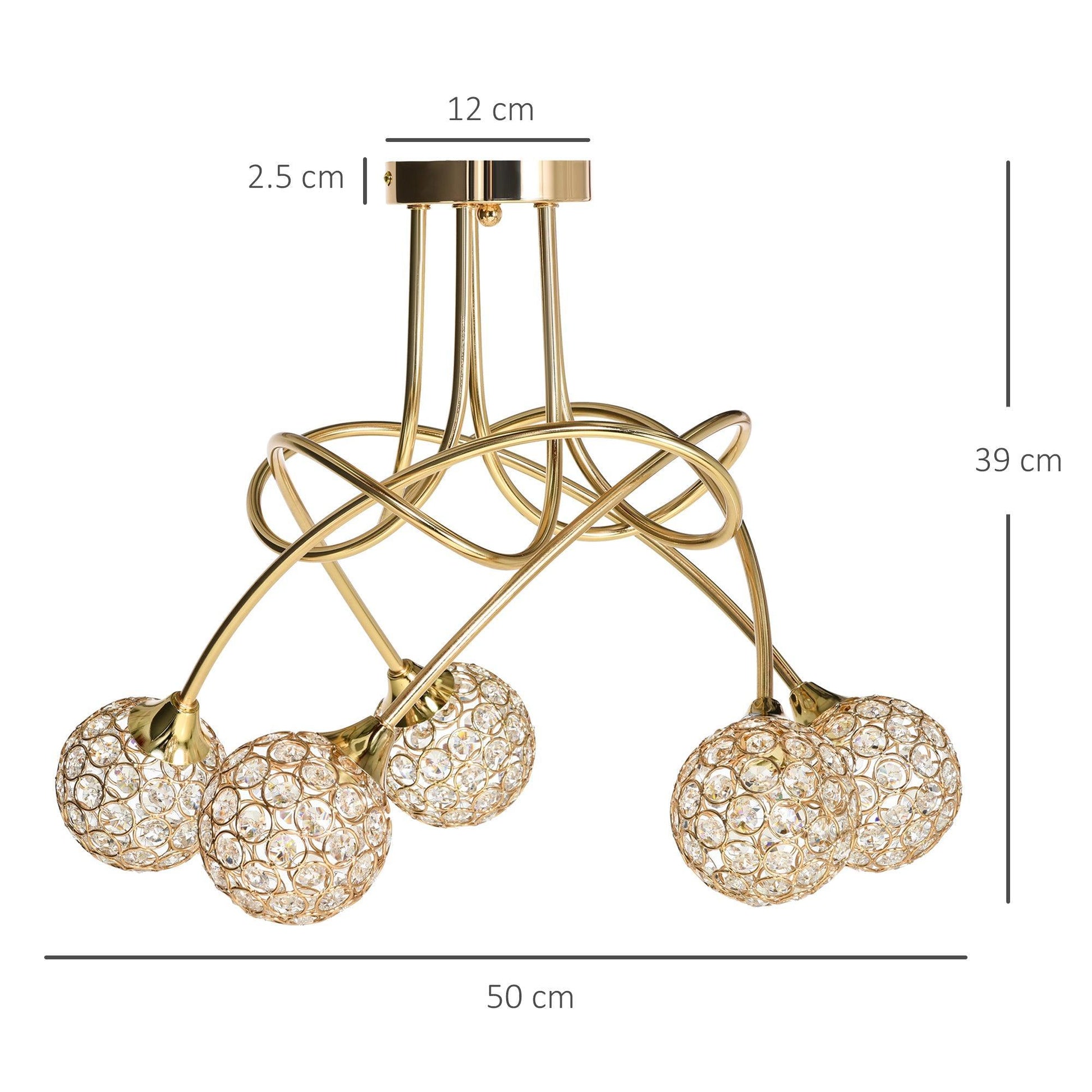 HOMCOM Modern Gold Tone Crystal Chandelier: 5-Ball Pendant Light - ALL4U RETAILER LTD