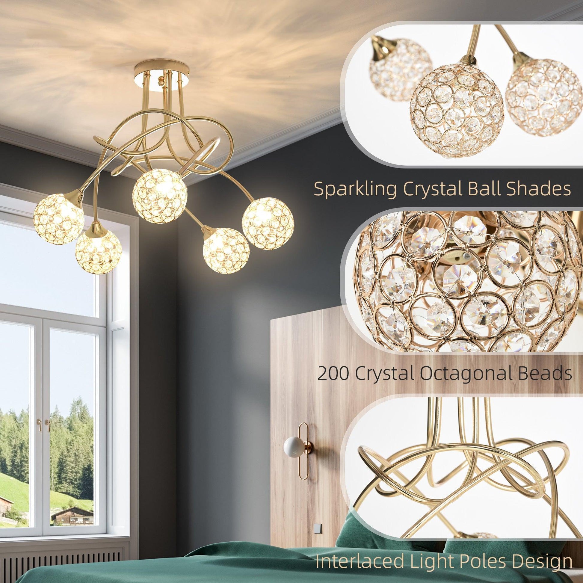 HOMCOM Modern Gold Tone Crystal Chandelier: 5-Ball Pendant Light - ALL4U RETAILER LTD