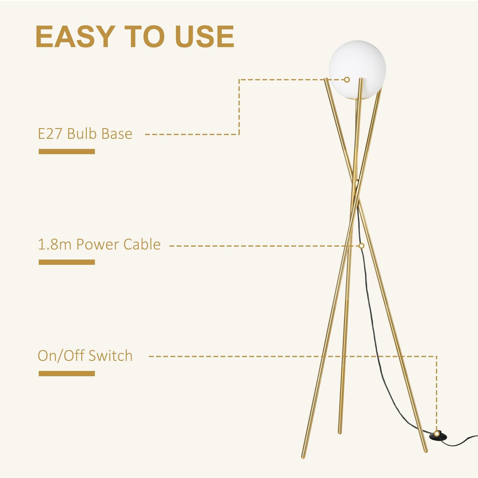 HOMCOM Modern Gold Tripod Floor Lamp - Stylish Lighting Solution - ALL4U RETAILER LTD