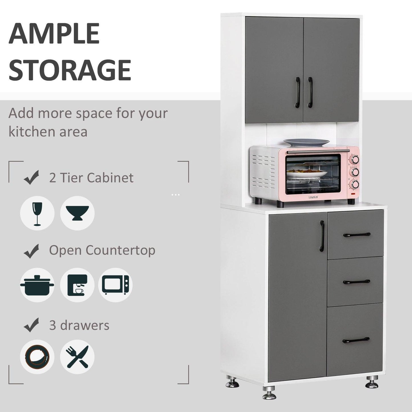 HOMCOM Modern Grey Kitchen Cupboard with Drawers & Open Countertop - ALL4U RETAILER LTD