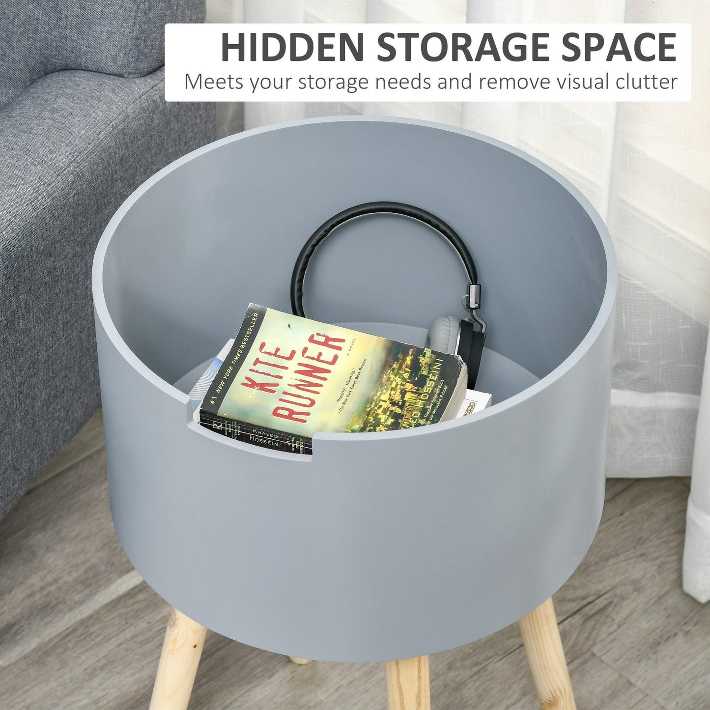 HOMCOM Modern Grey Side Table with Hidden Storage - ALL4U RETAILER LTD