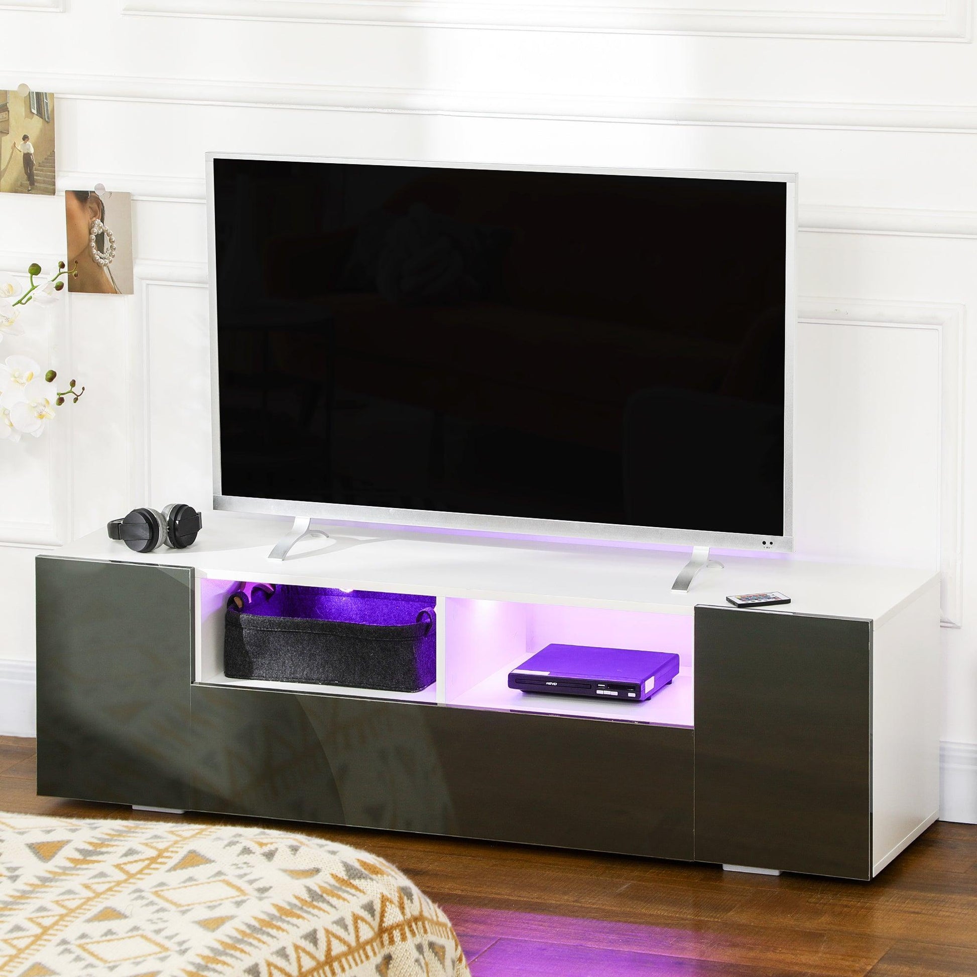 HOMCOM Modern Grey TV Stand: LED Lights, Shelves & Cupboards - ALL4U RETAILER LTD