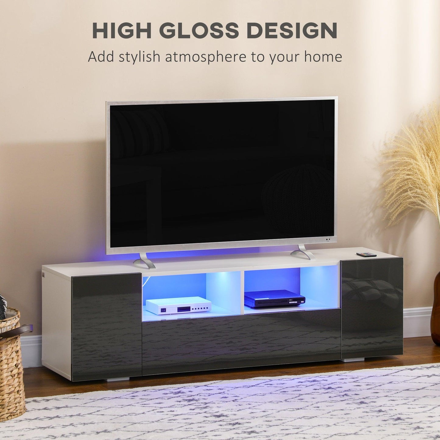 HOMCOM Modern Grey TV Stand: LED Lights, Shelves & Cupboards - ALL4U RETAILER LTD