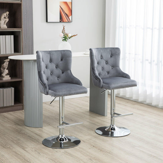 HOMCOM Modern Grey Velvet Bar Stools with Swivel - ALL4U RETAILER LTD