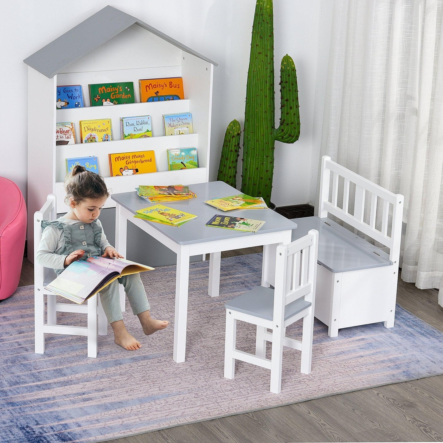 HOMCOM Modern Grey/White Kids Table Set with Chairs & Storage Bench - ALL4U RETAILER LTD