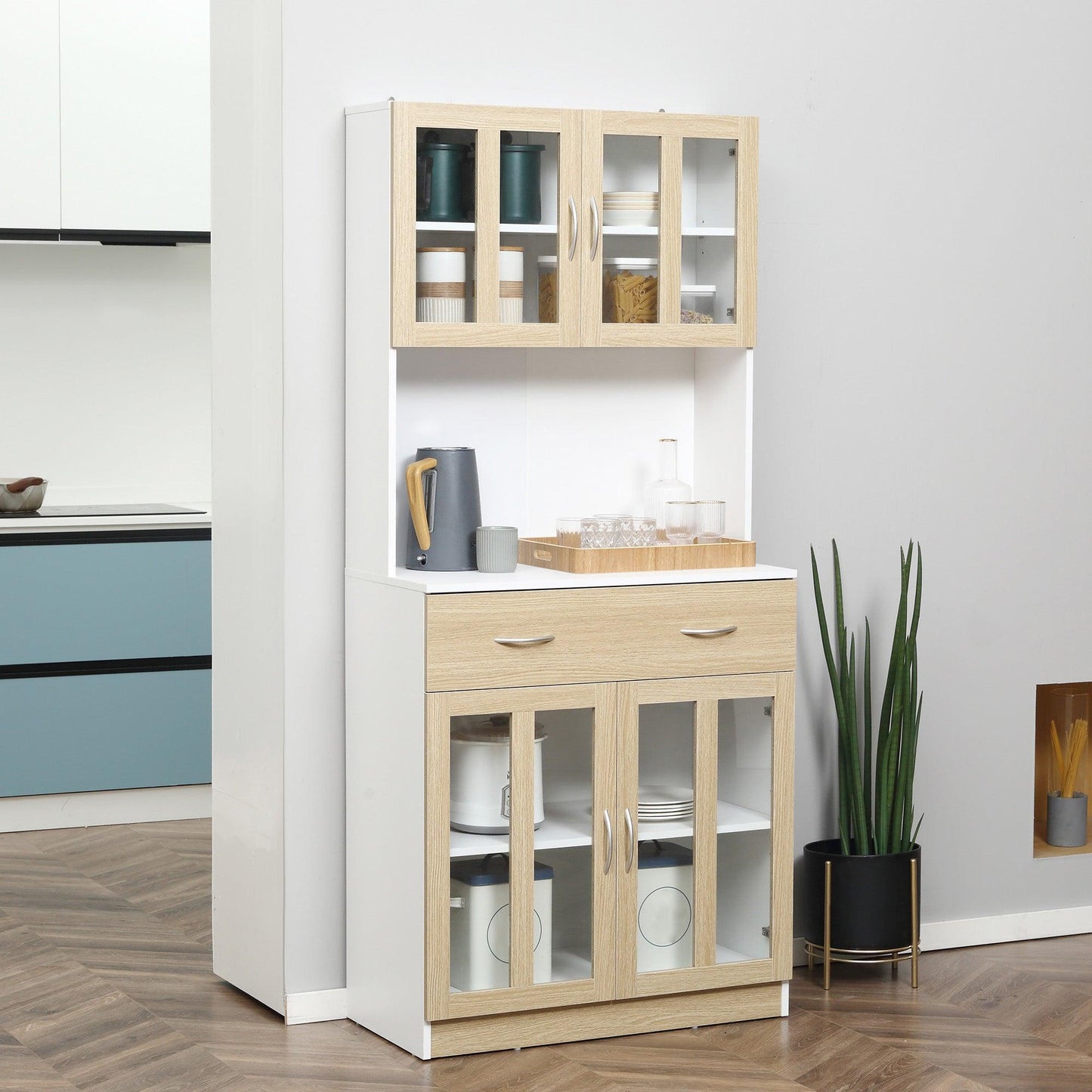 HOMCOM Modern Kitchen Cupboard with Glass Doors & Countertop - ALL4U RETAILER LTD