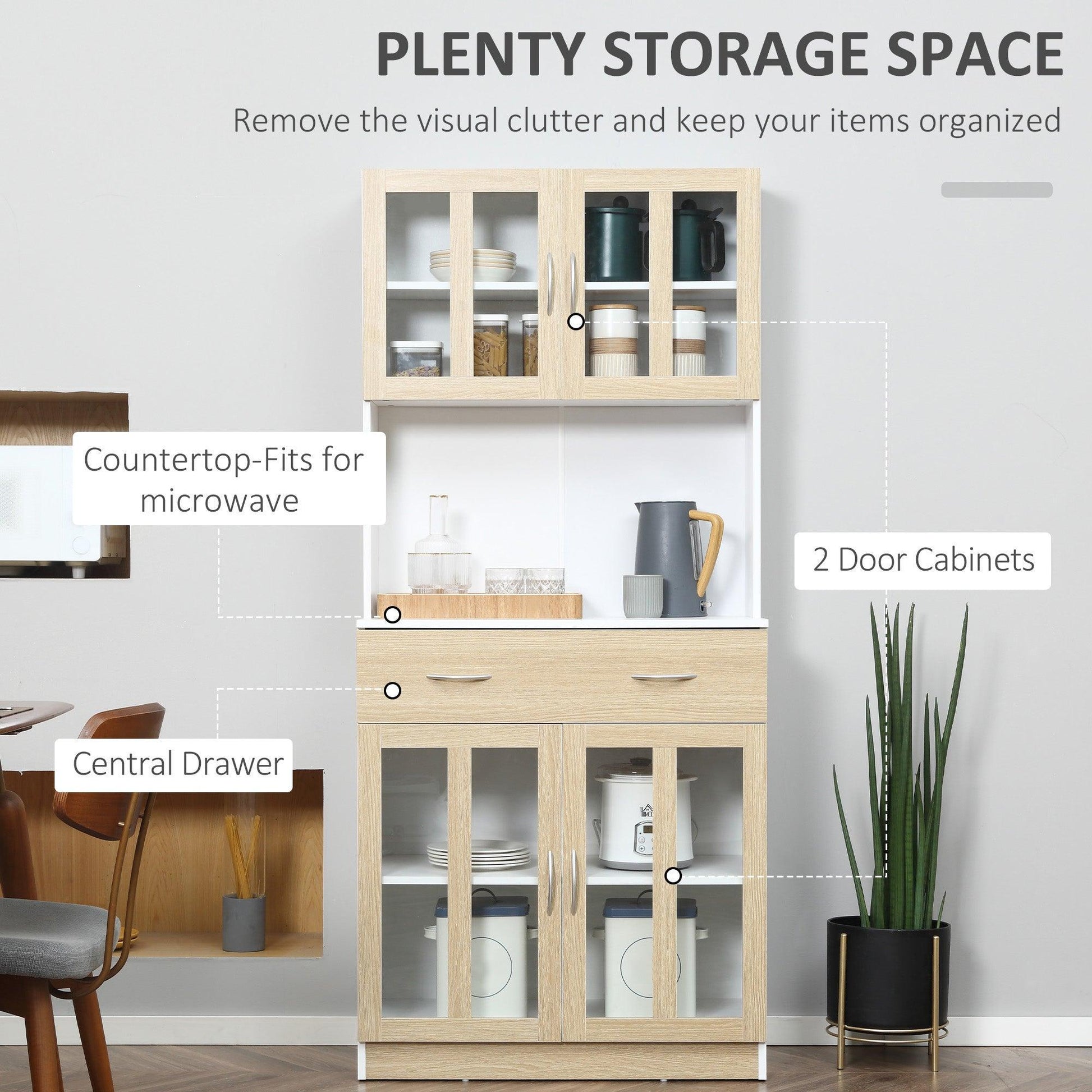 HOMCOM Modern Kitchen Cupboard with Glass Doors & Countertop - ALL4U RETAILER LTD