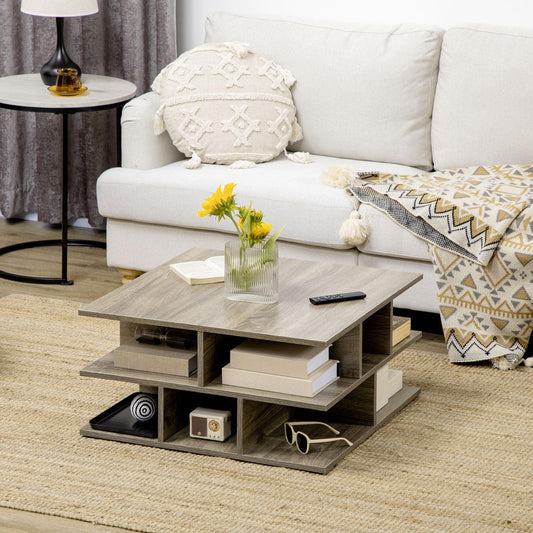 HOMCOM Modern Square Coffee Table with Storage Shelves, Grey, 70x70 cm - ALL4U RETAILER LTD