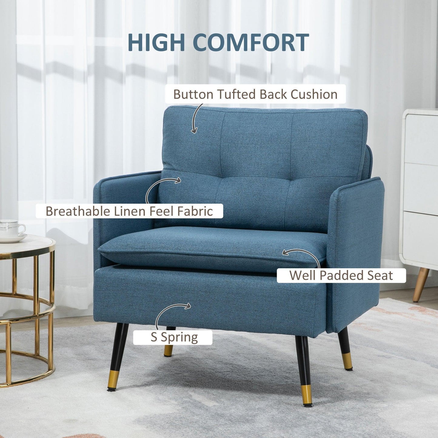 HOMCOM Modern Tufted Armchairs with Steel Legs, Dark Blue - ALL4U RETAILER LTD