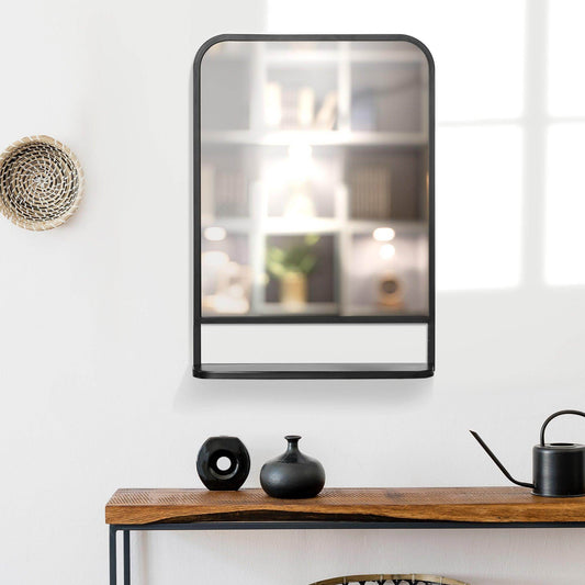 HOMCOM Modern Wall Mirror with Storage Shelf - 70x50cm, Black - ALL4U RETAILER LTD