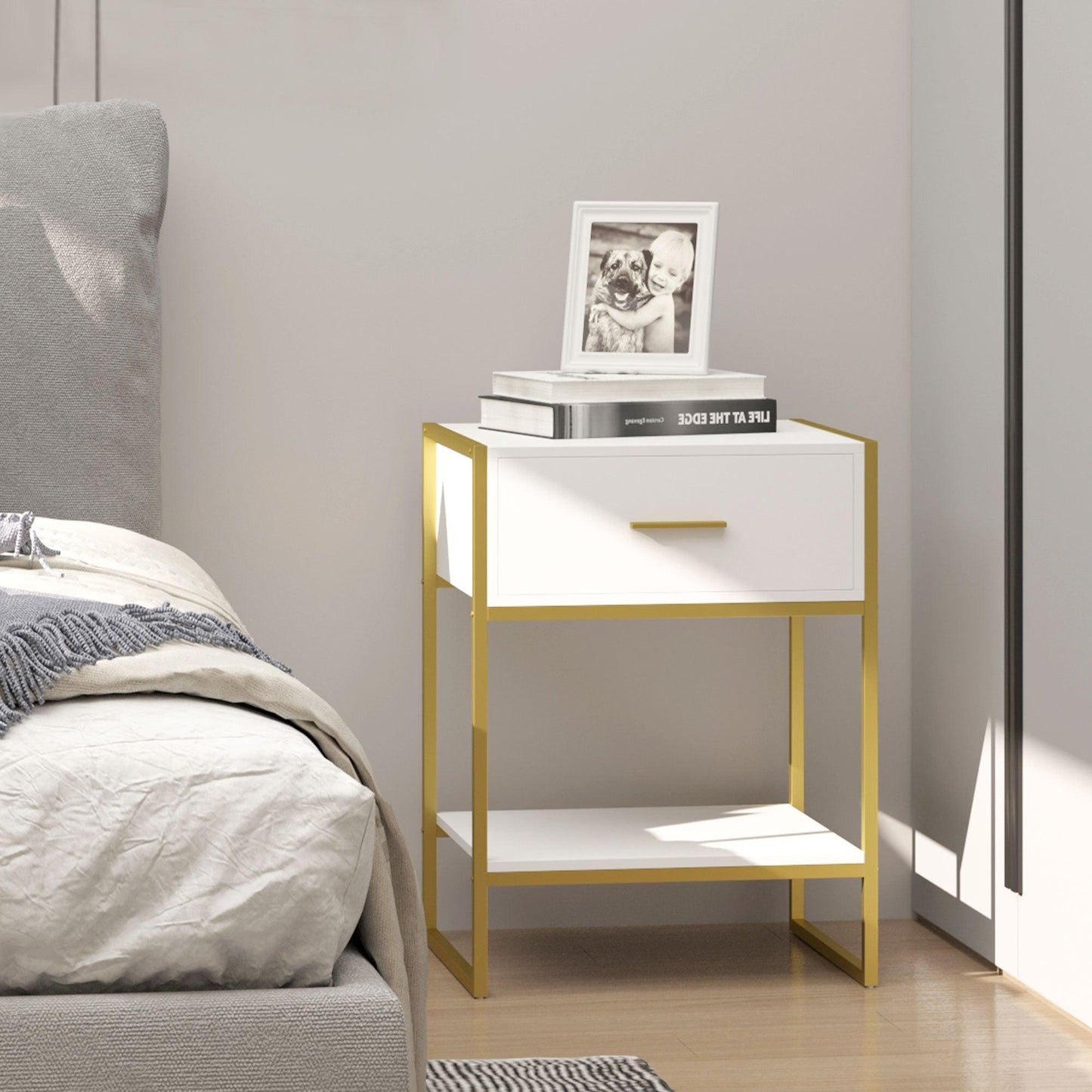 HOMCOM Modern White & Gold Bedside Table with Drawer – Bedroom Storage - ALL4U RETAILER LTD