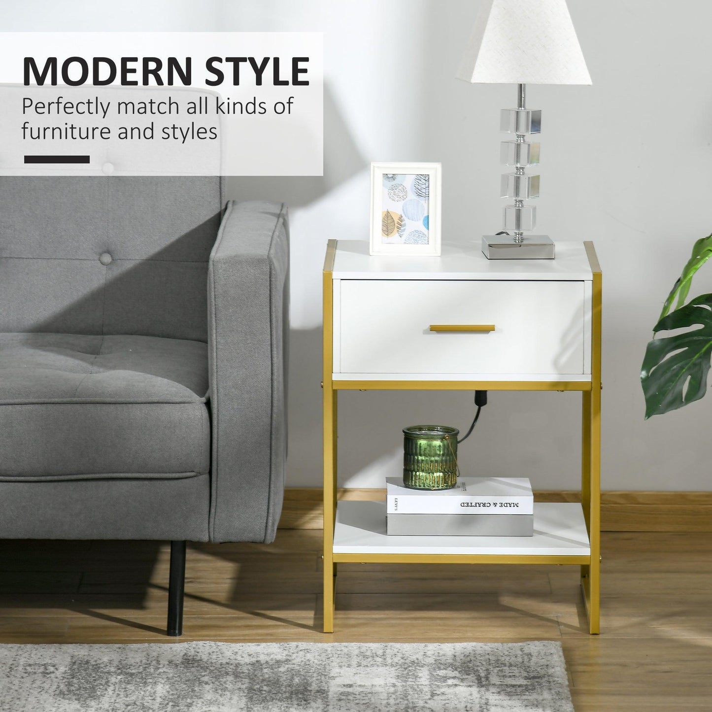 HOMCOM Modern White & Gold Bedside Table with Drawer – Bedroom Storage - ALL4U RETAILER LTD