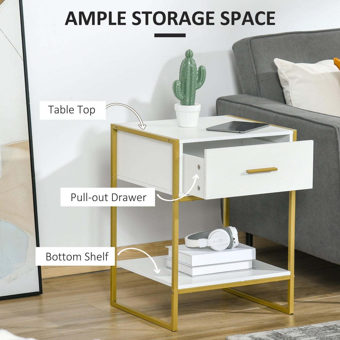 HOMCOM Modern White & Gold Bedside Table with Drawer – Bedroom Storage - ALL4U RETAILER LTD