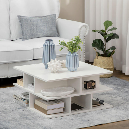 HOMCOM Modern White Coffee Table with Multiple Shelves - ALL4U RETAILER LTD