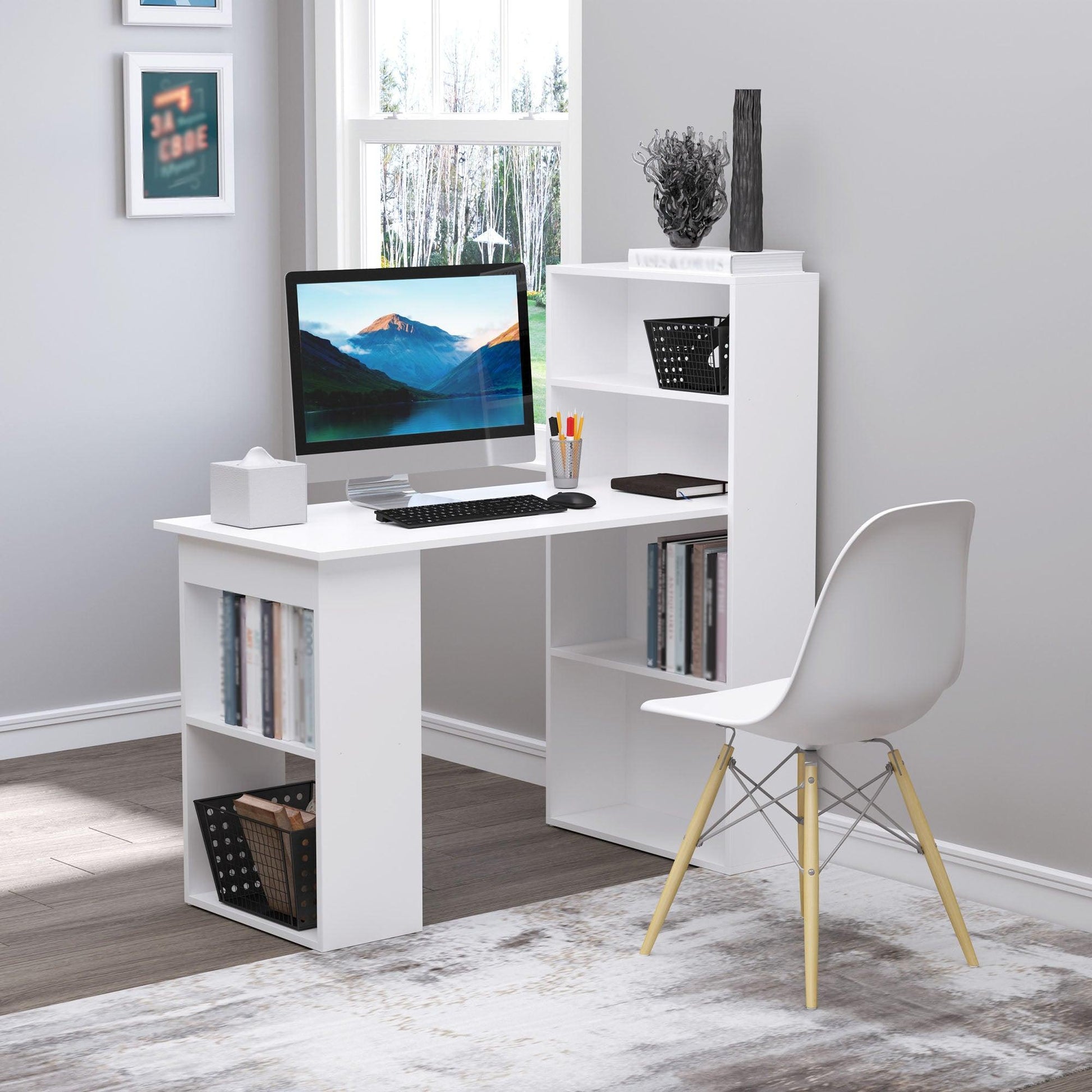 HOMCOM Modern White Computer Desk with Bookshelf - 6 Shelves - ALL4U RETAILER LTD